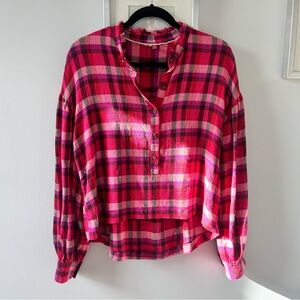Anthropologie Pink Hi-Low Plaid Button-Up Shirt
